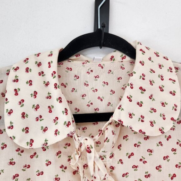 VTG Cherry Print Blouse Peter Pan Collar Long Sleeve Top Shirt Jacket Size L - Picture 4 of 11
